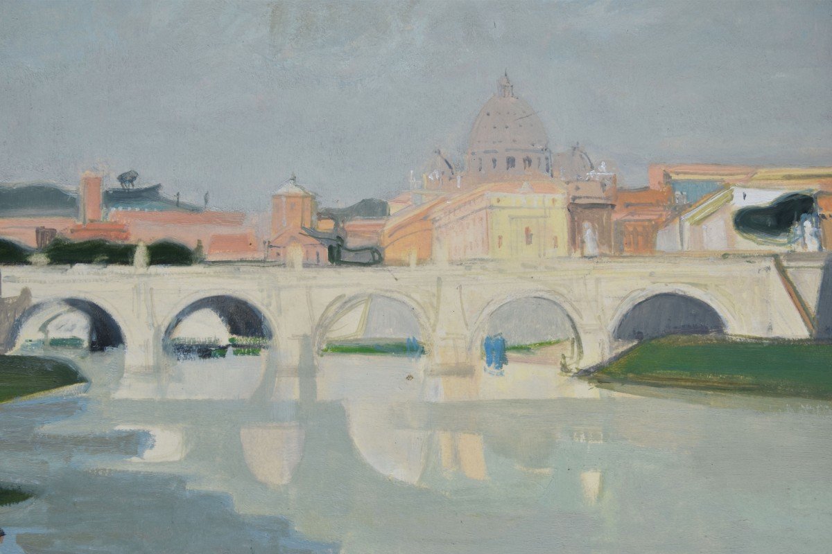 Adrian HOLY "Les quais du Tibre à Rome" 1954 Huile sur carton 37x58-photo-3